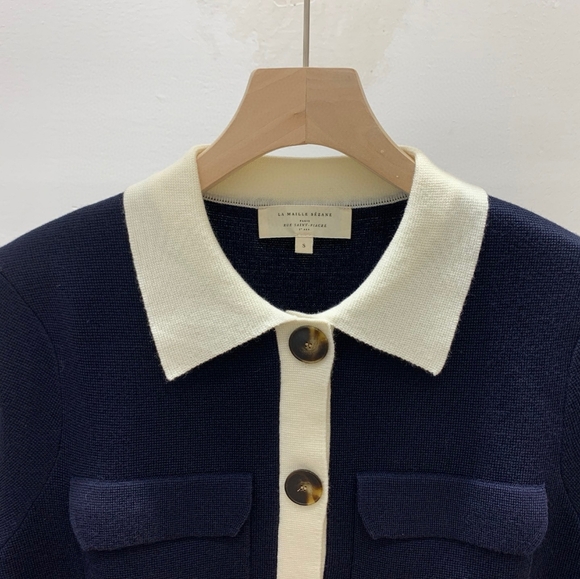 Sezane Betty Cardigan In Marine With Ecru Detail - Picture 4 of 9